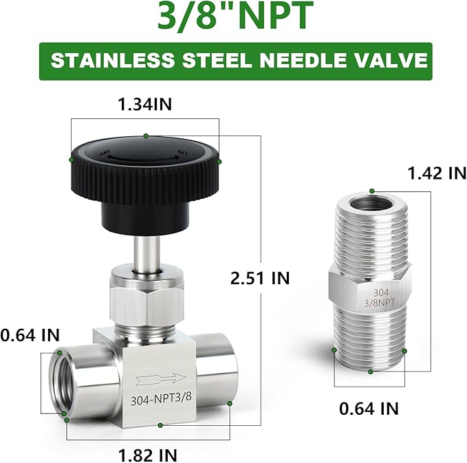 TAISHER 1PCS 304 Stainless Steel Straight Needle Valve 3/8" Female NPT For Flow Control Water Gas Oil With Nipple