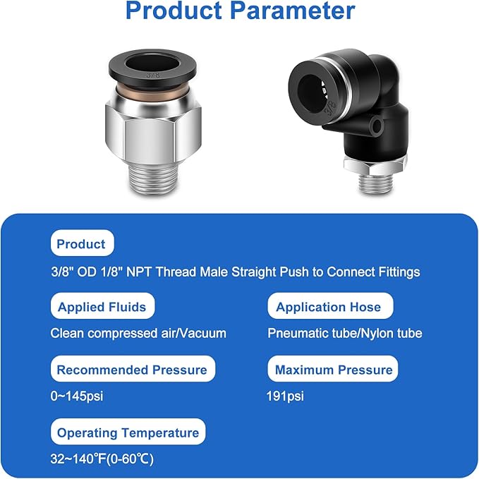 12 Pcs Push to Connect Fittings 3/8 Inch Tube OD x 1/8 Inch NPT Thread Pneumatic Male Straight and Elbow Quick Connect Air line fittings