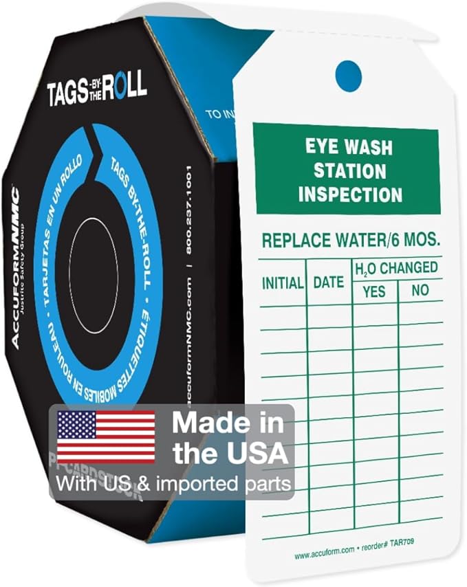 AccuformNMC 100 Tags by-The-Roll, Eyewash Station Inspection Tags with Record, US Made OSHA Compliant Eye Wash Tags, Waterproof PF-Cardstock, Resists Tears, 6.25"x3", TAR709