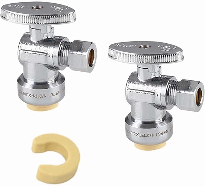 (Pack of 2) EFIELD Push Fit 1/4 Turn Angle Stop Valve Water Shut Off 1/2 Push x 3/8 Inch Compression, with Disconnect Clip Chrome,(PF-UNI004-2PCS)