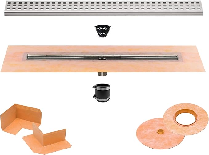 All-in-one Waterproof Linear Shower Drain Kit with 24 Inch Center Outlet Channel Body (KL1V60E60) and Drain Grate Assembly (Cover) in Square Design with Brushed Stainless Steel Finish (KL1B19EB60)