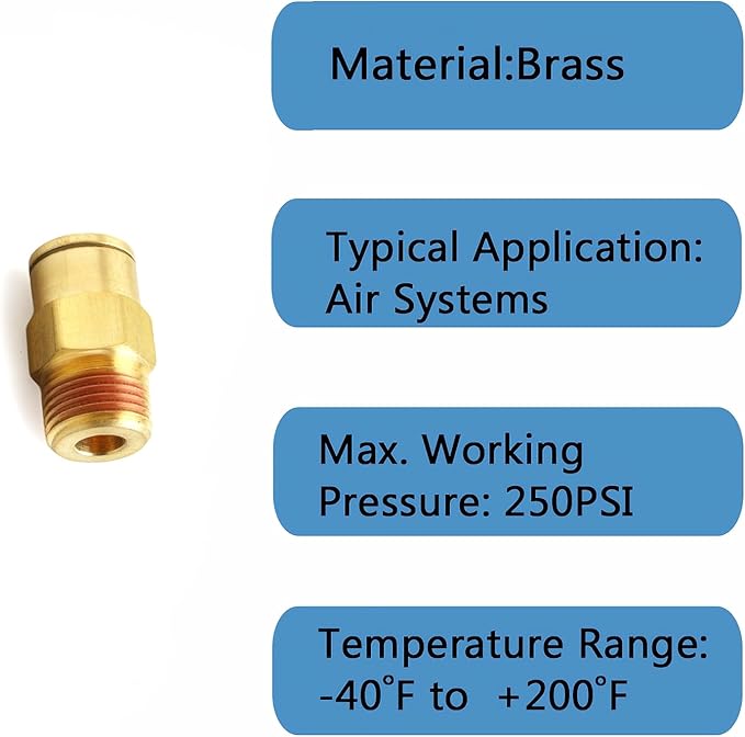 Push-to-Connect Pneumatic Fittings Set - 3/8" Tube OD x 3/8" NPT Male DOT Air Brake Line Fittings, 5pcs Brass Air Hose Quick Connect Fitting