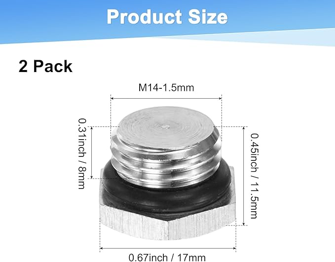 2-Pack Outer Hex Head Thread Pipe Plug Fitting, M14x1.5mm Male 304 Stainless Steel Solid Thread Bung Plug with Sealing Ring for Terminating Pipe Ends