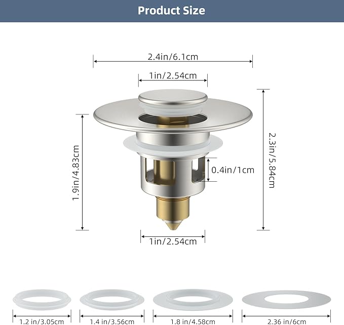 Hibbent All Metal Universal Bathroom Sink Stopper for 1.1''~2.3'' Basin, Pop Up Sink Drain Strainer, Brass Bullet Core Push Type Stopper, Stainless Steel Anti Clogging Drain Filter, Brushed Nickel