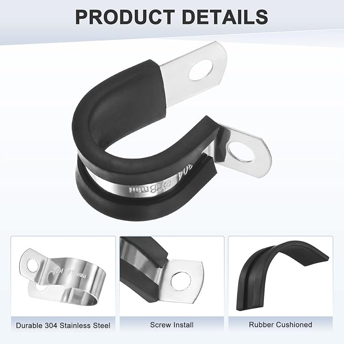 12-Pack Cable Clamps, 23/32 Inch/ 18 mm 304 Stainless Steel Rubber Cushioned Insulated Cable Clamp R Shape Metal Holder for Tube/Wire/Pipe/Loop Installation