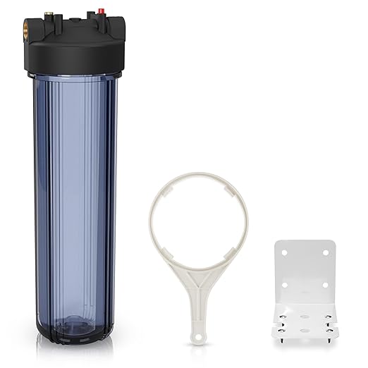 Max Water Whole House Water Filter Housing, Fits 20" x4.5" Big Filter Blue Pre-Filtration System for Well and City Water, 1 inch NPT Ports with Wrench and Bracket (Clear Housing)