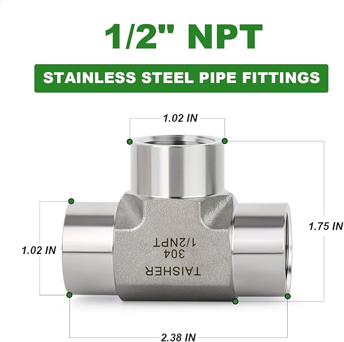 TAISHER 1PCS Forging of 304 Stainless Steel Tee Pipe Fittings, 1/2" x 1/2" x 1/2" NPT Female Pipe Fittings