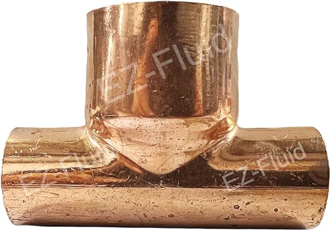 (1PK) EZ-FLUID 1/2" x 1/2" x 1" Copper Reducing Tee, C X C Bullhead Copper Reducer Tee Fittings,Sweat Solder Connection Residential,Commercial Plumbing Pipe
