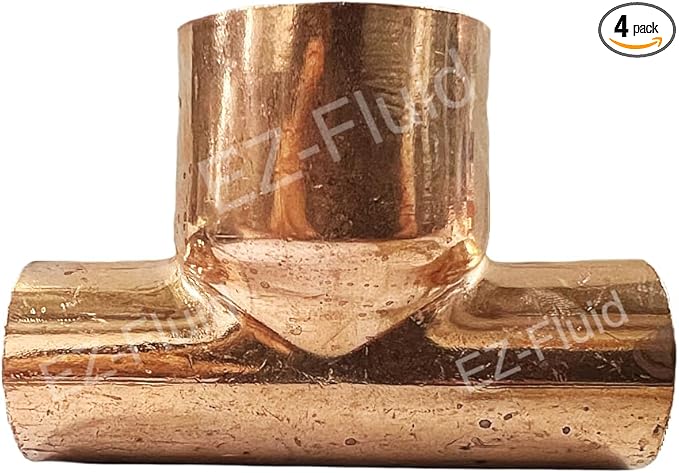 (4PK) EZ-FLUID 1/2" x 1/2" x 1" Copper Reducing Tee, C X C Bullhead Copper Reducer Tee Fittings,Sweat Solder Connection Residential,Commercial Plumbing Pipe