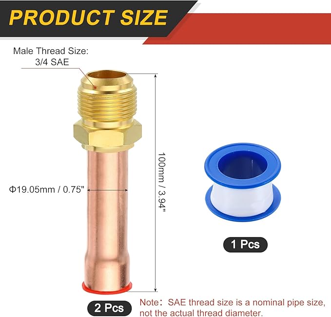 uxcell 2Pcs Brass Pipe Fitting, 3/4 SAE Male Thread x 3/4" OD Flare Connector with Copper Tube for HVAC System Air Conditioner Refrigeration