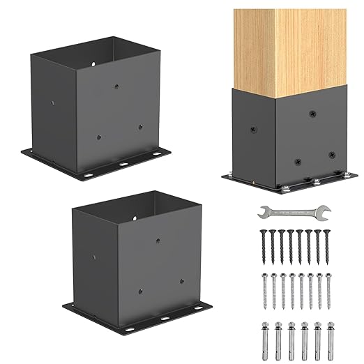 2 Pcs Post Base,4”x 6" Post Brackets(Acturl3.6 x5.6), Heavy Duty Black Metal Powder-Coated Thick Steel Post Anchor Outdoor for Support Deck Base Plate, Pergola Bracket Kit,Mialbox Post Mount