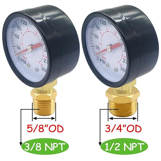 Pressure Gauge 0-300PSI 1/4" NPT Male Brass Bottom Mount 2" Dial Stainless Steel Case Include 1/2" NPT and 3/8" NPT Connector Universal Multifunctional