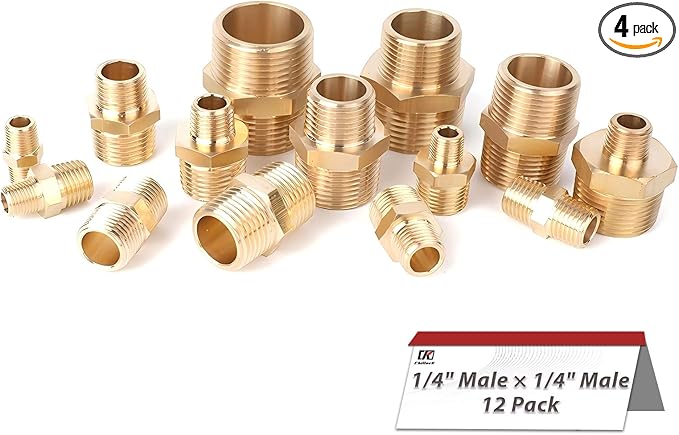 Hex Couplings, 1/4" NPT Male To Male Brass Hex Nipple Adapters, Brass Pipe Extension Fittings for Oil/Air/Water/Gas Systems. (4 Pack)