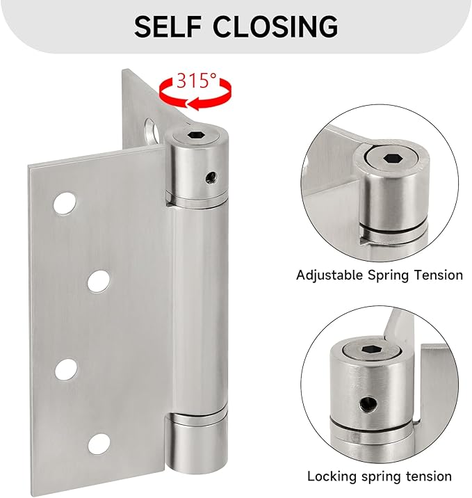Self Close Door Hinges, 3 Pack 4 inch Self Closing Hinge 304 Stainless Steel Spring Hinge with Square Corners Heavy Duty Adjustable Tension Self Closing Hinges for Doors