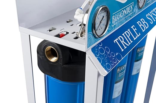 Bluonics Complete Whole House Well Water Filtration System – 24 GPM 110W UV Purifier with Triple 4.5" x 20" Housings, 40 Micron Pre-Filter, Sediment & Carbon Filters + Extra Filter Set