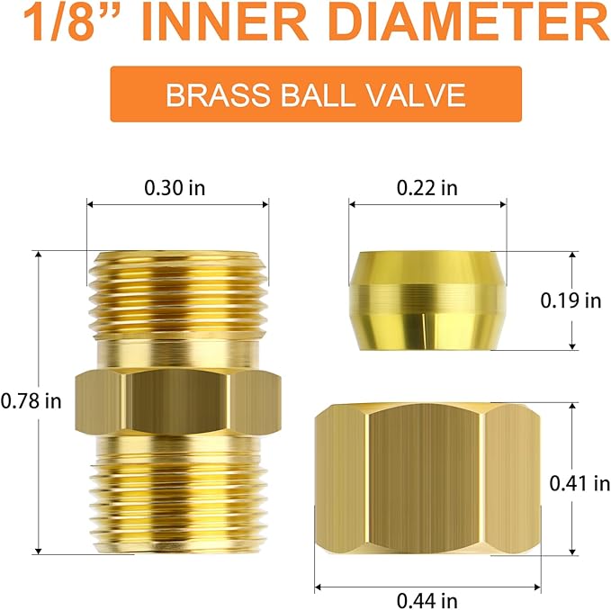 GASHER 10PCS Brass Compression Tube Pipe Fitting Connector, 1/8" Tube OD x 1/8" Tube OD Connector