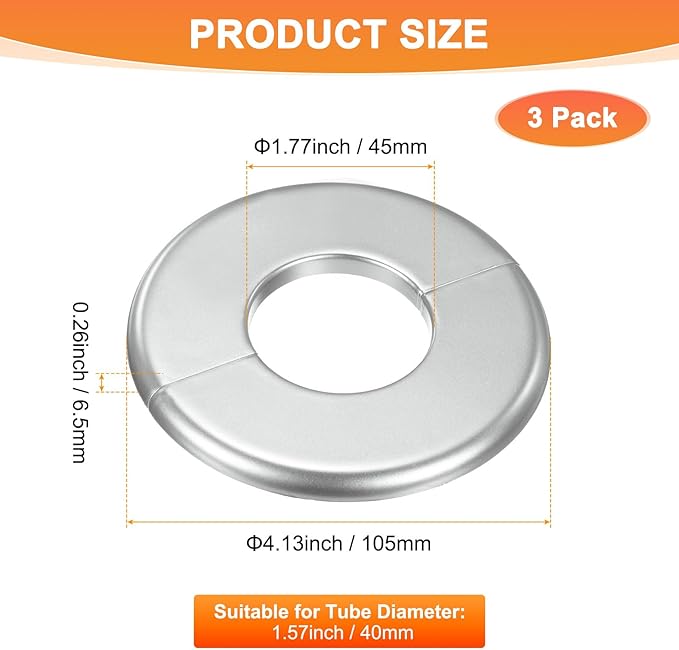 3-Pack Wall Split Flange, ABS Round Self-Adhesive Escutcheon Plate Cover Buckle for 40mm/1.57 in Dia Pipe Accessories/Floor/Ceiling, Plumbing Cover Plates [Silver,6.5mm/0.26in H]