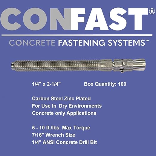 CONFAST 1/4" x 2-1/4" Wedge Anchor Zinc Plated (Box of 100)