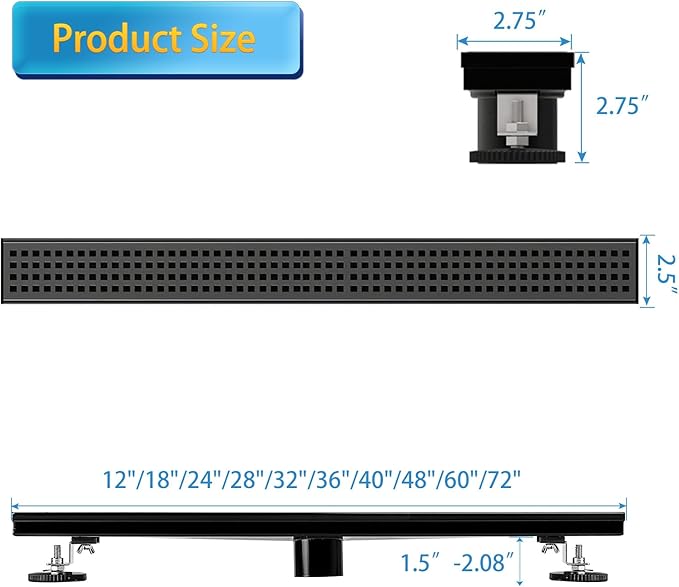 Linear Shower Drain, 28 inch Black Drain with Removable Grate Cover, Brushed 304 Stainless Steel Shower Floor Drain, Linear Drain with Hair Strainer and Adjustable Feet