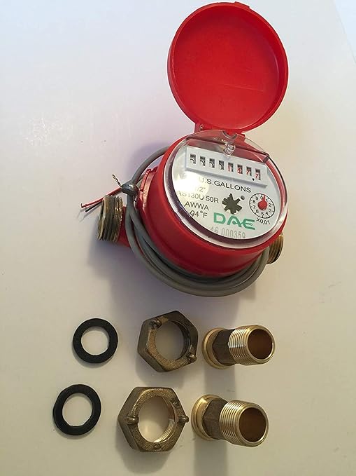DAE AS130U-50RP 1/2" Hot Water Meter with Pulse Output, Measuring in Gallon + Couplings