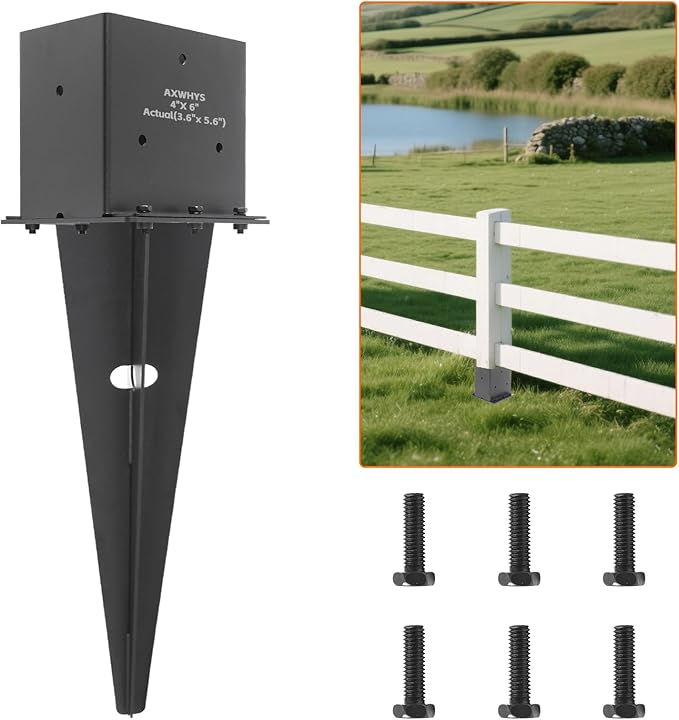 4 Set 4"x 6" Fence Post Anchor Ground Spike, 22" Heavy Duty Metal Fence Stake Post Bases (Inner Size 3.6"x5.6") with Black Powder Coated for Fence, Deck, Railing, Mailbox and Porch