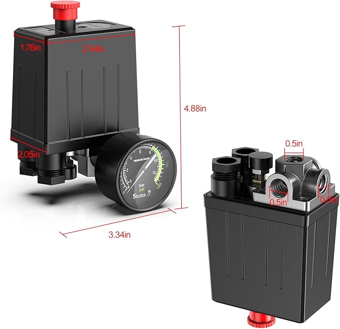 Preciva Air Compressor Pressure Switch Control Valve with 4 Way Valve Air Pressure Regulator 0-180PSI / Safety Pressure Relief Valve/Threads Pipe & Plug