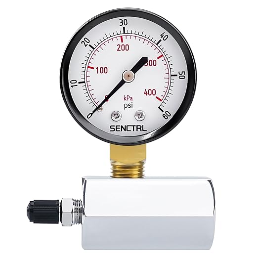 SENCTRL 0-60 Psi Gas Pressure Test Gauge, 2" Dial Size, 3/4" FNPT Connection, Brass Valve, Chrome Plated Steel Body Assembly