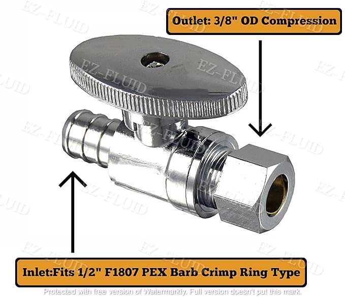 (Pack of 10) EZ-Fluid 3/8" OD Compression X 1/2" Pex Crimp Barb 1/4 Turn Straight Stop Valve,Chrome Plated Brass,Metal Handle. For Water Pipes,For Faucet,Toilet,Sink Valve,cUPC,NSF