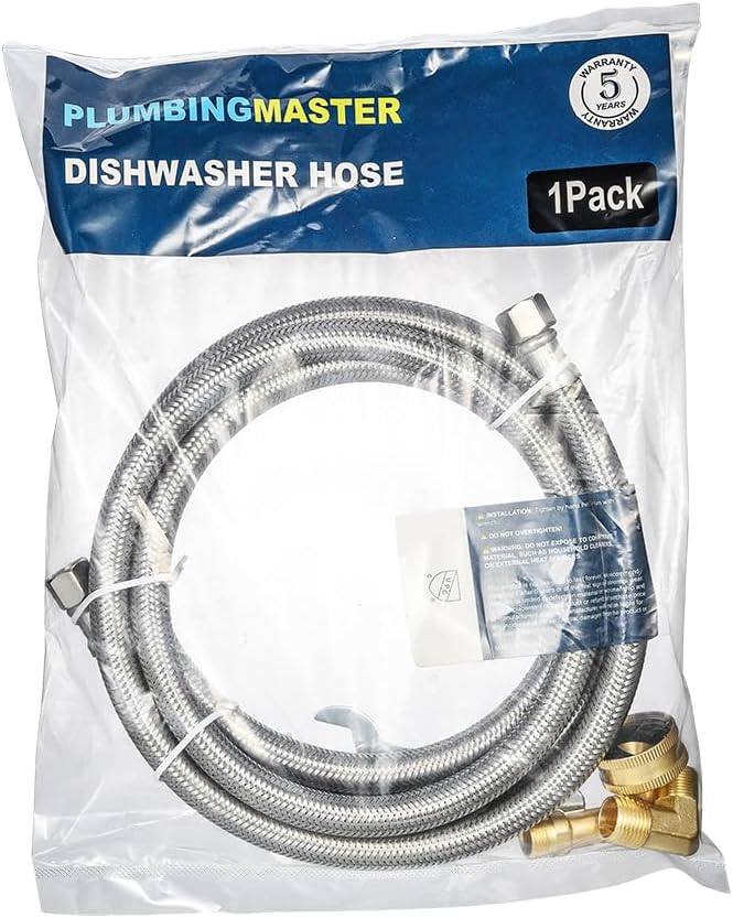 10FT Dishwasher Hose with Elbow – Stainless Steel Braided Supply Line, 3/8" Compression to 3/8" Elbow, Universal Fit, Burst Proof, NSF/Lead-Free Certified, 10-Year Warranty