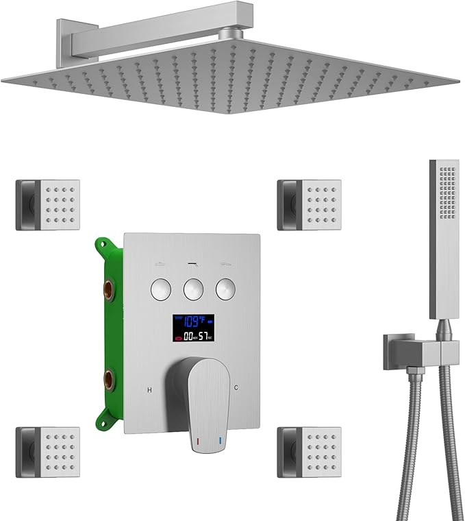 Bathroom Shower Faucet Set Brushed Nickel 12 Inch Wall Mounted Rainfall Shower Head System, Temperature Digital Display Shower Faucet with Handheld Spray, 4 PCS Body Jets