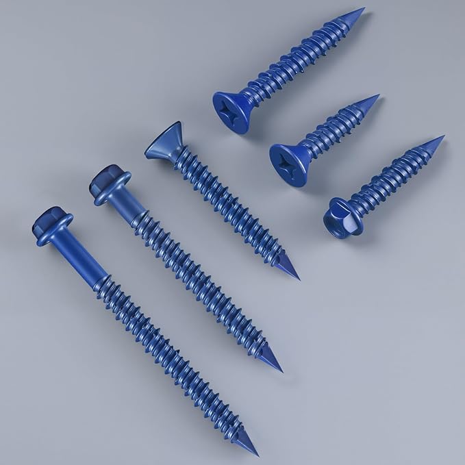 100Pcs 3/16 x 1-1/4 Inch Concrete Screws Anchor with Drill Bit, Blue Flat Head Masonry Brick Stucco Cement Block Screws, Diamond Point