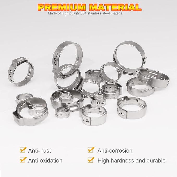 AKIHISA 100Pcs 5 sizes Single Ear Hose Clamps, 21-28.6 mm 304 Stainless Steel Pex Crimp Rings Kit, Crimp Hose Clamp Assortment Set for Securing Pipe Hoses and Automotive Use