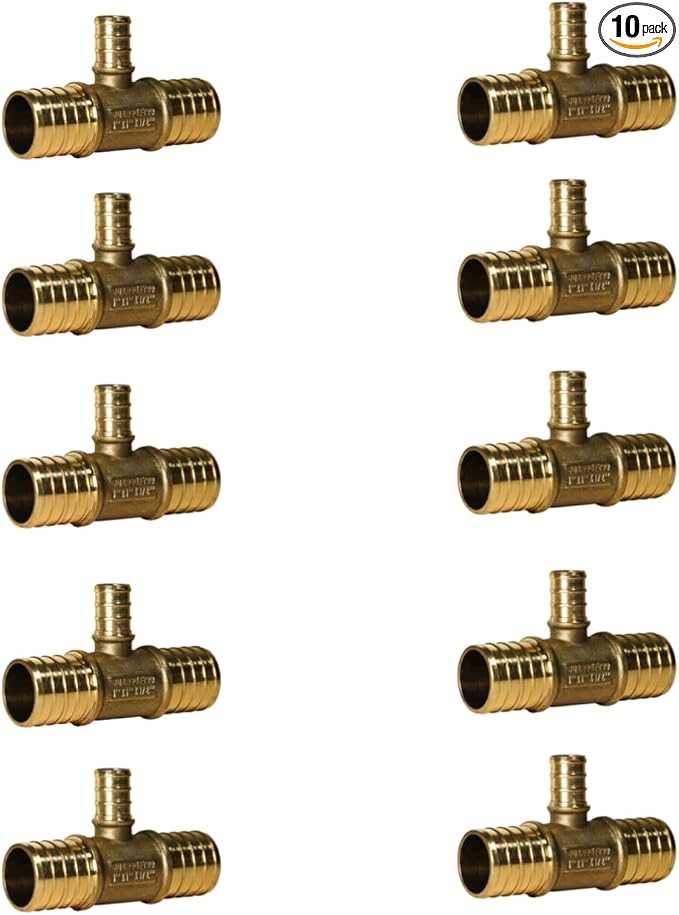 XFITTING 1 inch X 1 inch X 1/2 inch Pex Tee - Pex B Pipe, Crimp Fittings, Brass, 10 Pieces