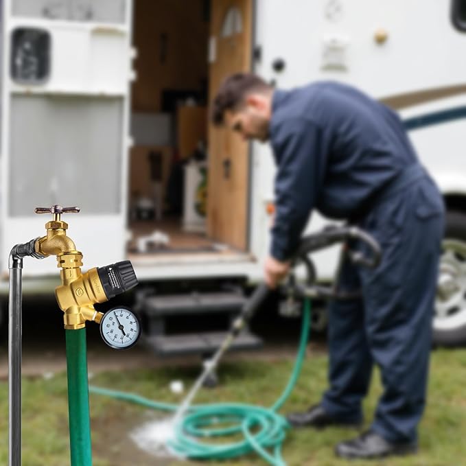 RV Water Pressure Regulator Valve With An Adjustable Knob, NO Tool Required, Brass Lead-Free Water Pressure Reducer with Gauge and Inlet Screen Filter for RV Camper Travel Trailer