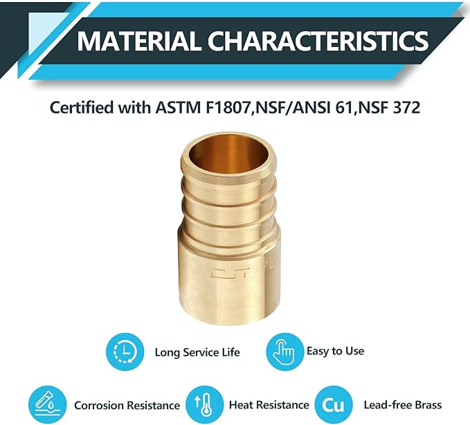 (30-Pack) PEX Fittings, Pex 3/4"x1/2" Female Sweat Copper Adapter, Brass Crimp Fittings, for PEX Tubing Pipe Plumbing, ASTM F1807(PEX1807133-30Pack)