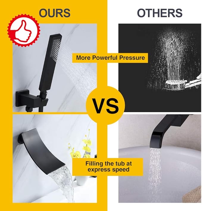 Wall Mount Bathtub Faucet with Handheld Shower, Matte Black Single Handle Bathroom Waterfall Tub Filler Solid Brass Tub Shower Faucet Set Rough-in Valve Trim Kit