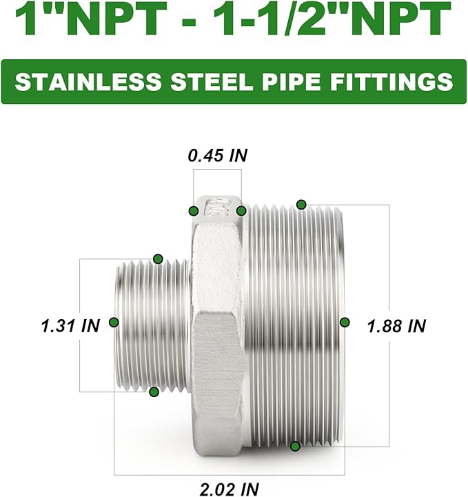 TAISHER 2PCS Cast 304 Stainless Steel Hex Nipple, Reducer Pipe Fitting 1-1/2" NPT Male x 1" NPT Male