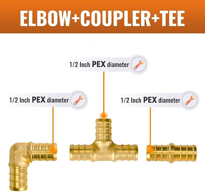 SUNGATOR 70-Pack Pex Fittings, 1/2 inch Brass No Lead Crimp Fittings, 90 Degree Elbow (30) + Tee (20) + Coupling (20)