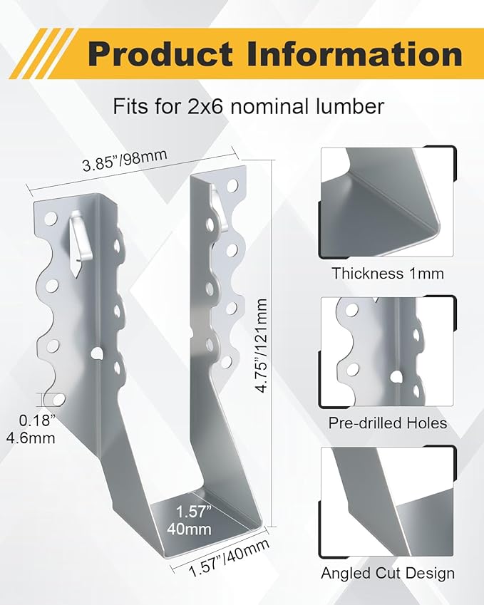 25 Pcs 2x6 Joist Hangers for Wood, 20 Gauge Galvanized Face Mount Joist Hangers, Heavy Duty Hurricane Ties for Rafters Roofs Decks Floors Ceilings