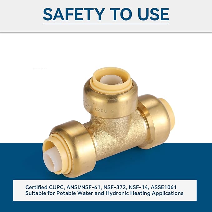 1/2" Pushfit Tee,12 Pack PEX Brass Push-fit Tee with 1 Pack Disconnect Clip, Push-to-Connect Plumbing Fittings for PEX, Copper, CPVC(PF118-12Pack)