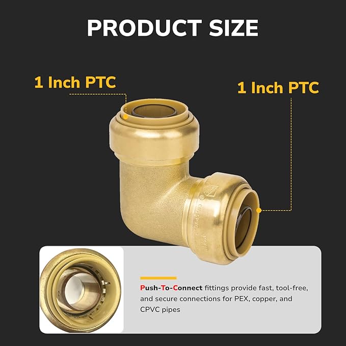 1" 90 Degree Elbow Pushfit, Push to Connect Brass Plumbing Fitting for Copper, CPVC, PEX Pipe, Brass Pex Fitting with Upgraded Stiffener, Disconnect Clip Included, NSF & UPC Certified