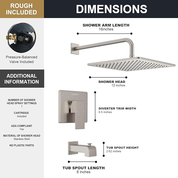 Lava Odoro 12-inch Square Bathtub and Shower Faucet Set Brushed Nickel, Shower Trim Kit with Rough-in Valve High Pressure Gold Rainfall Shower Head and Handle Set, (Valve Included), SF106-BN-T