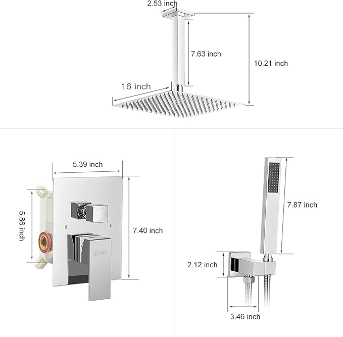 BWE 16 Inch Ceiling Mounted Shower System Chrome Rainfall Shower Head with Handheld Spray Modern Bathroom Luxury Rain Mixer Shower Combo Set Shower Faucet Rough-in Valve Body and Trim Included