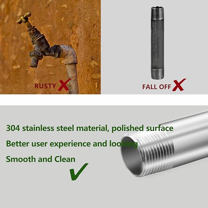 GeilSpace 3/4" x 30" Stainless Steel Pipe, 304 Pipe Nipple Fits Standard 3/4 Inch Threaded Pipes and Fittings, DIY Industrial Metal tube (2 PCS)