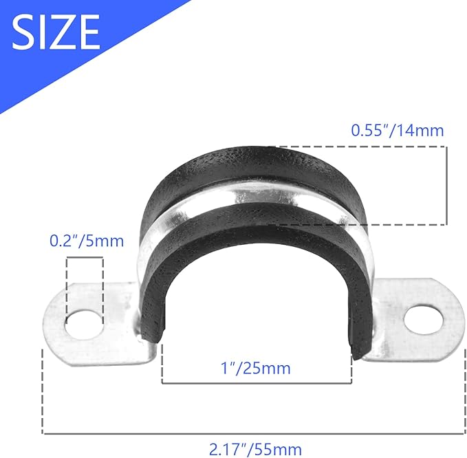 1 Inch Reinforced Rigid Pipe Strap, 2 Holes U Bracket Cable Clamp Hanger, Rubber Cushioned Insulated Clamp, Conduits Strap Clamps for Pipe Fixing on Various Surfaces, 10 PCS(25mm)