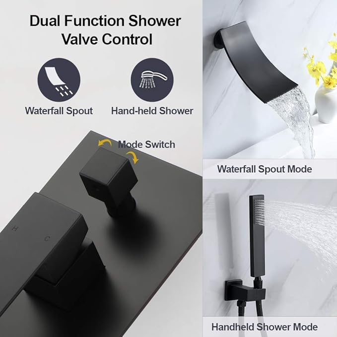 Wall Mount Bathtub Faucet with Handheld Shower, Matte Black Single Handle Bathroom Waterfall Tub Filler Solid Brass Tub Shower Faucet Set Rough-in Valve Trim Kit