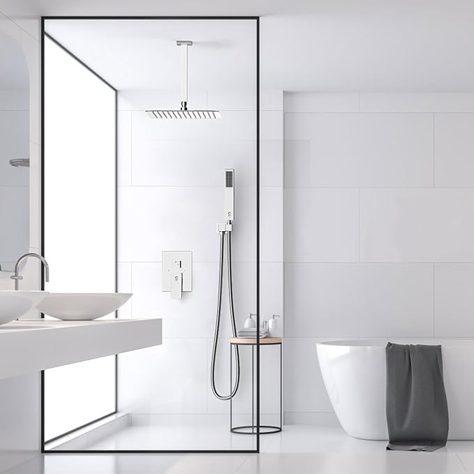 SR SUN RISE 12 Inch Ceiling Mounted Shower System Rain Mixer Combo Set Rainfall Shower Head System Faucet Trim Repair Kits Polished Chrome Rough-in Valve Body and Trim Included