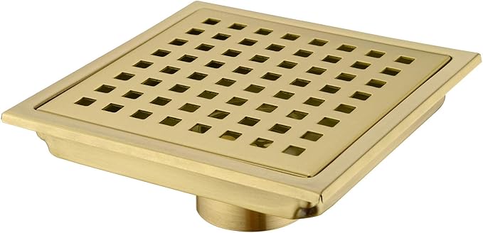 Square Shower Floor Drain with Removable Cover Grid Grate 6 inch Long, SUS 304 Stainless Steel Brushed Gold Brass Finished