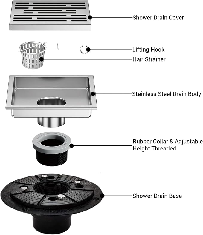 4 Inch Square Shower Floor Drain, Shower Drain Kit with Flange, Square Shower Drain, SUS 304 Stainless Steel Floor Drain,Silver