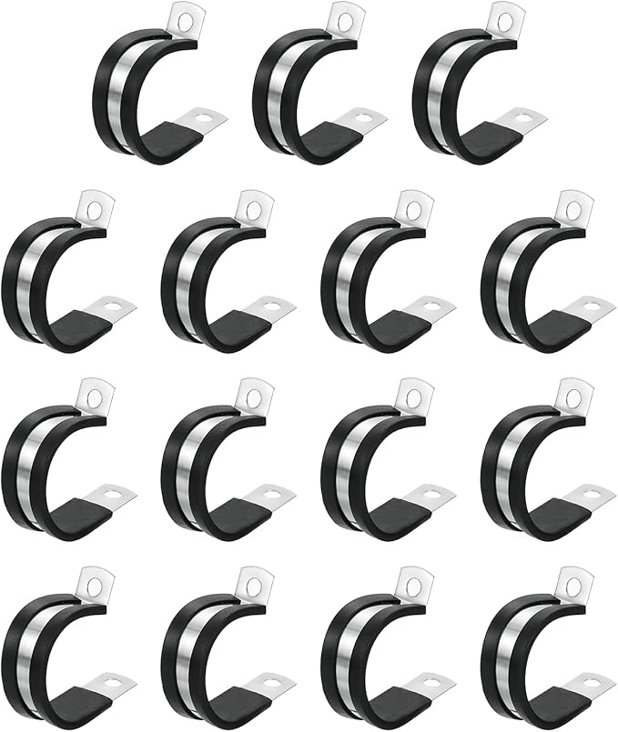 uxcell 1-1/4"(32mm) Cable Clamp, 304 Stainless Steel Rubber Cushioned Insulated R Shape Metal Clamp Tube Holder for Pipe Hose Wire Cord Installation 15Pcs
